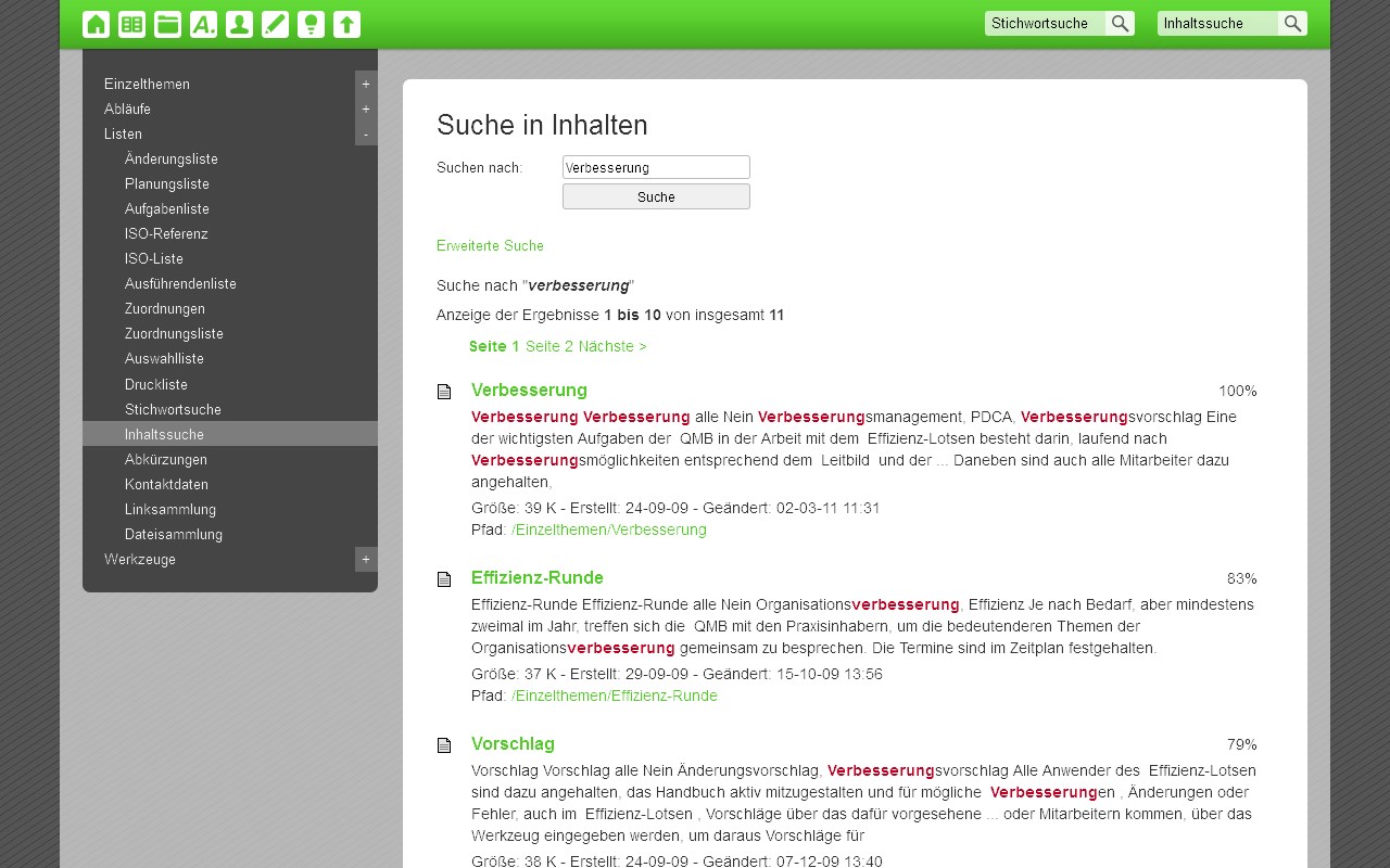Leistungsfähige Suche über alle Inhalte des Organisationssystems sowie eingebundene Dateien